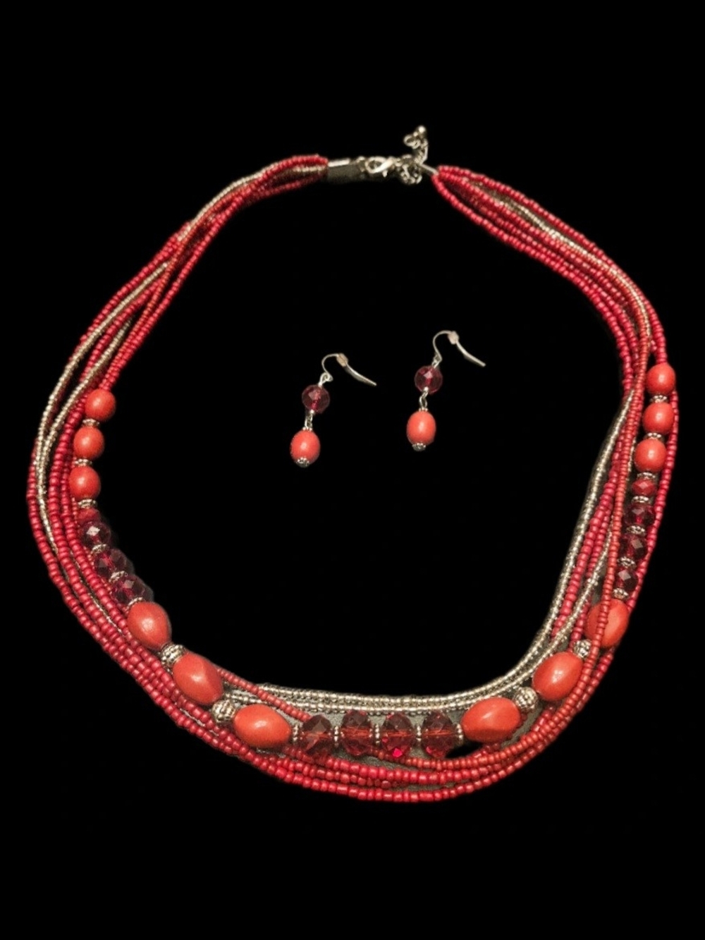 Vintage Boho Red Multi-Strand Beaded Statement Necklace & Drop Earring Set
